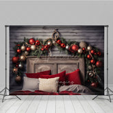 Aperturee Aperturee Rustic Wood Headboard Photography Backdrop Christmas Garland with Red Ornaments Farmhouse Bedroom Photo Prop